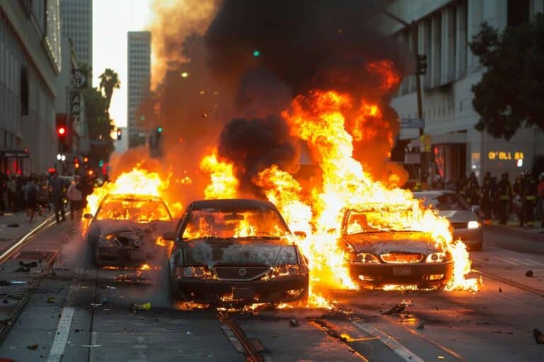 Varios autos se incendian en toma de calle en el centro de Los Ángeles causando caos y preocupación